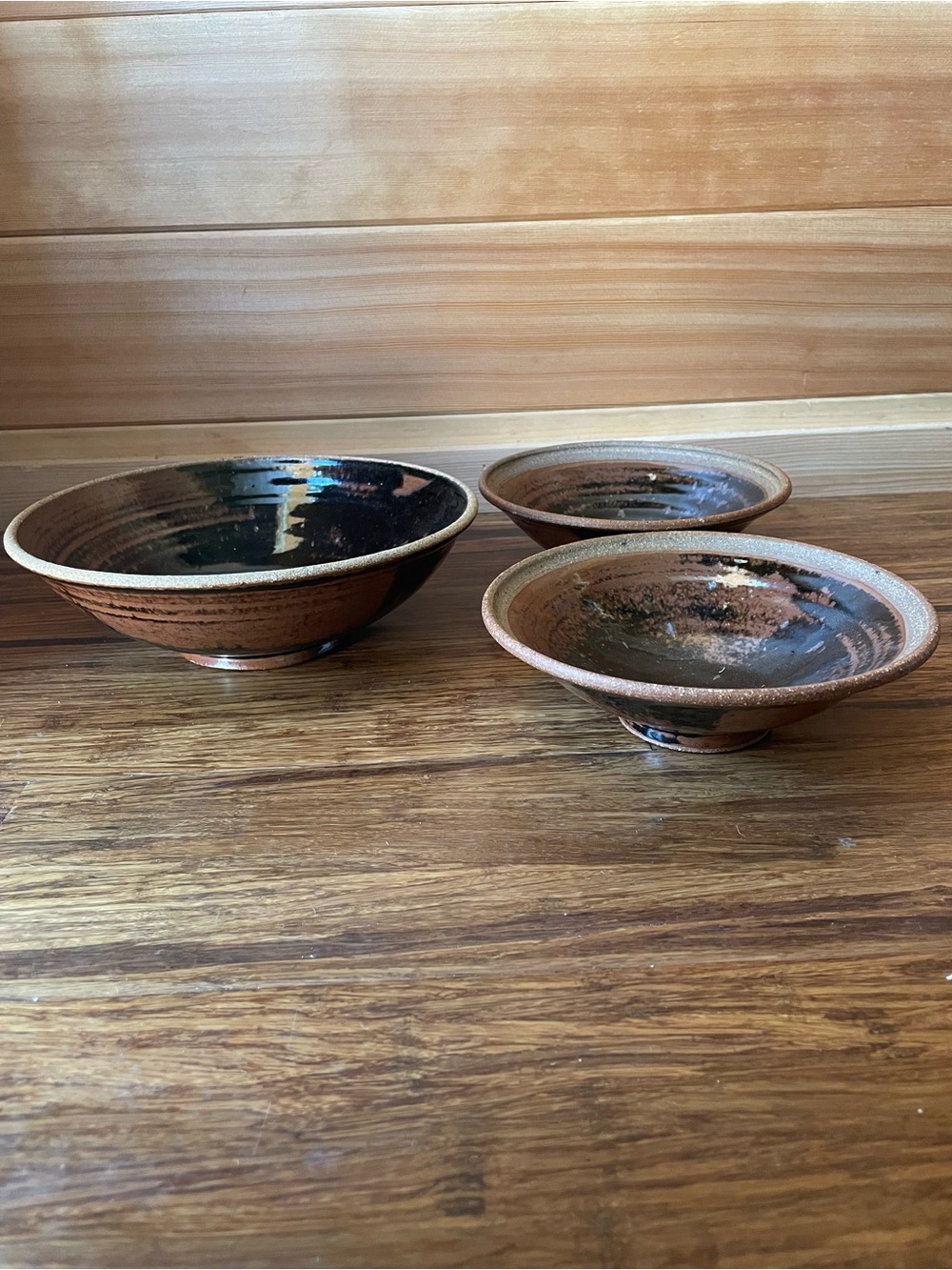 Handmade Rustic Glazed Ceramic Bowls - Set of 3 - Brown & Black